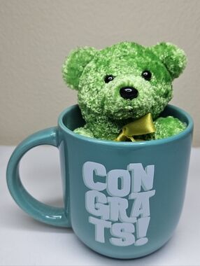 Green Plush Bear in Teal "Congrats!" Mug NEW